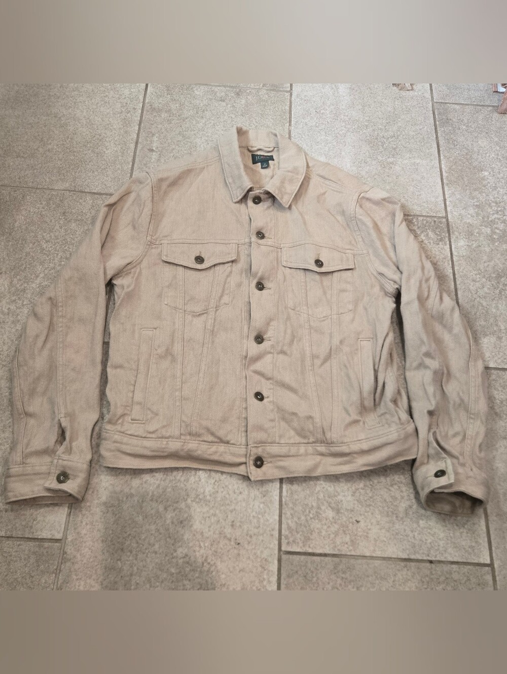 VTG 90s J Crew Linen Cotton Herringbone Trucker Jacket Oarsman Mens M Beige
